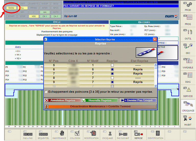 Vista dell’IHM specifico. Macchina in fase di ripresa di alcuni passi.