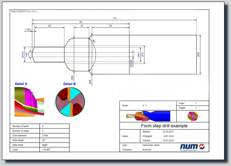 NUMROTO Draw produces fully dimensioned engineering drawings of machine tools, including accurate portrayal of the tool's profile and cross-sectional geometry.