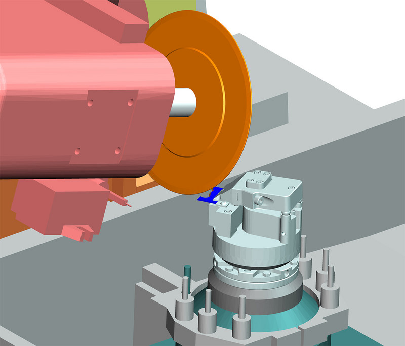 Die NUMROTO-Werkzeugschleifsoftware ermöglicht jetzt die Darstellung eines Klemmsystems für Profileinsätze in der Produktion im 3-D-Simulator (Bild mit freundlicher Genehmigung der Michael Deckel GmbH).